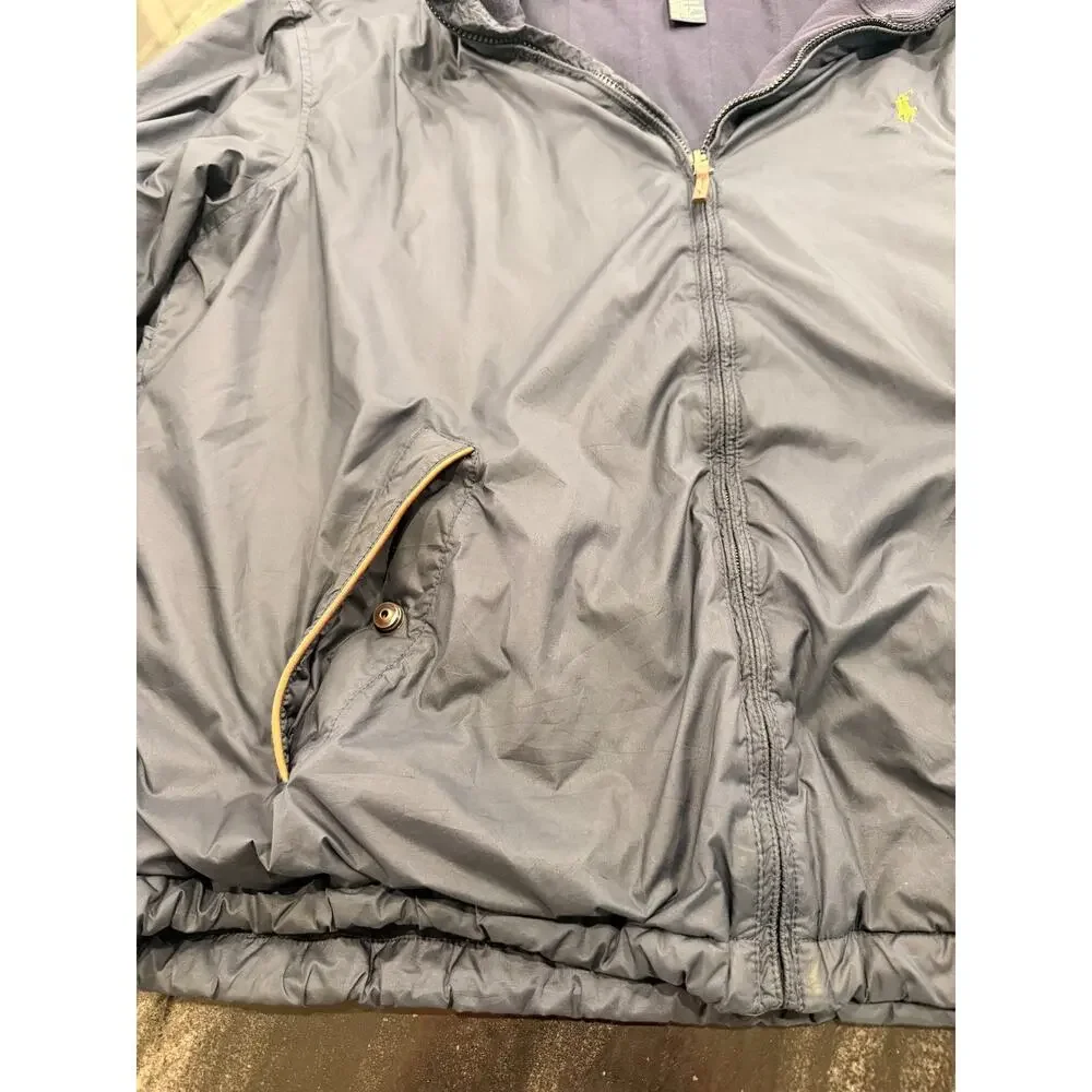 Polo Ralph Lauren Mens XXL Navy Windbreaker Jacket Zip Out Hood Leather Trim